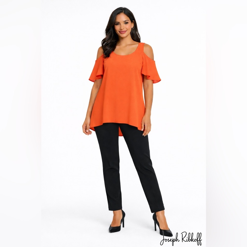 Joseph Ribkoff Orange Cold Shoulder Tunic Top Size 8 Ruffle Sleeve Dressy blouse
